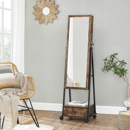 Полка-стеллаж МДФ+сталь, 41.5х37х152.5 см, с зеркалом, коричнево-черный, Songmics, Лофт, JJC004X01