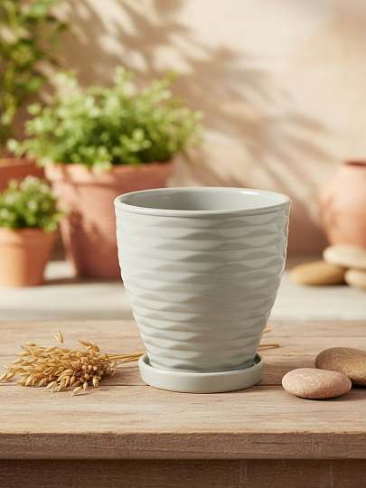 Горшок керамика, 1.3 л, 14.5х14.5х14.5 см, с подставкой, серый, Эллипс, Fdtc2