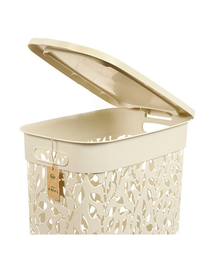 Корзина для белья, 35 л, 42х26.5х50.5 см, прямоугольная, пластик, белый ротанг, с крышкой, Idea, Флора, М 2620