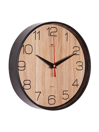 Часы настенные, кварцевые, 19.5 см, корпус черный, круглые, Рубин, Текстура дерева, 2019-002