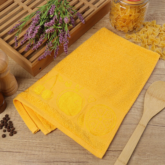 Полотенце кухонное махровое, 35х60 см, 100% хлопок, Вышневолоцкий текстиль, Жаккард Бордюр Фрукты, янтарное, 403, Россия, 00000014104