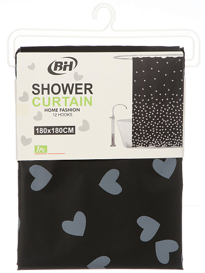 Штора для ванной 180х180 см, Peva, Белые сердца, черная, Y4-11154