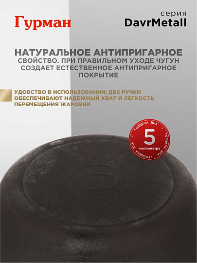 Жаровня чугун, 24 см, с двумя ручками, Гурман, DavrMetall, индукция