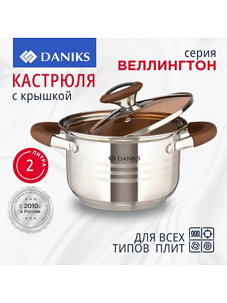 Кастрюля нержавеющая сталь, 2 л, крышка стекло, Daniks, Веллингтон, GS-01415-16CA, серебристая, индукция