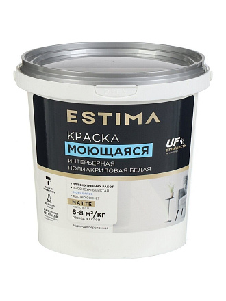 Краска водно-дисперсионная, Estima, полиакриловая, интерьерная, моющаяся, матовая, белая, 1.5 кг