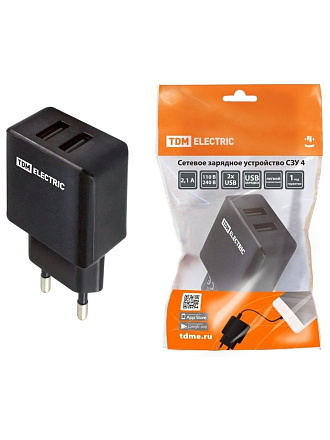 Зарядное устройство TDM Electric, СЗУ 4, 2 разъема, 2.1 А, черное, SQ1810-0021