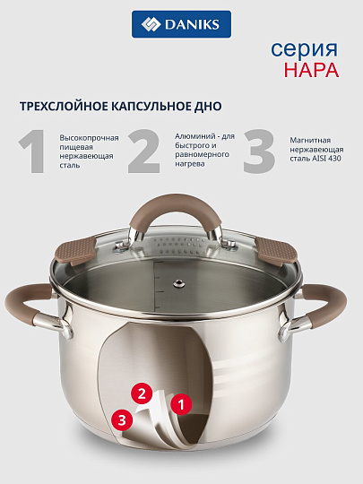 Кастрюля нержавеющая сталь, 2.1 л, крышка стекло, Daniks, Нара, GS-01413HY-16CA-2, серебристая, индукция