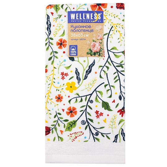Полотенце кухонное 38х63 см, 250 г/м2, 100% хлопок, Wellness, Цветы, Китай