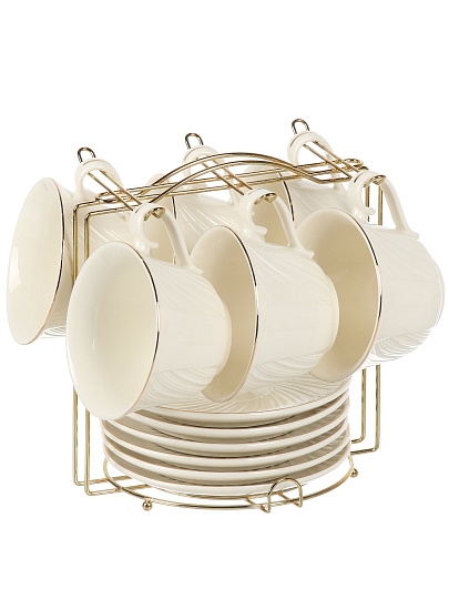 Набор чайный фарфор, 12 предметов, на 6 персон, 220 мл, металлическая подставка, ТМ Глория, Bonjart, 202346, подарочная упаковка