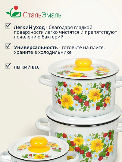 Набор посуды эмалированная сталь, 3 предмета, кастрюли 1.5,2.9,4.5 л, индукция, СтальЭмаль, Земляника, 1с144