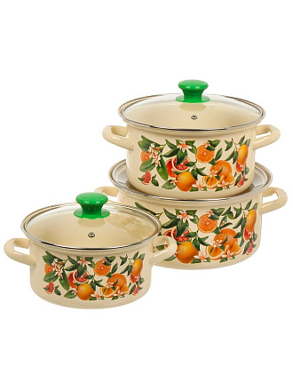 Набор посуды эмалированная сталь, 3 предмета, кастрюли 2.3, 3, 4 л, МП, Керченский металлургический завод, Цитрус-1-Экстра, слоновая кость