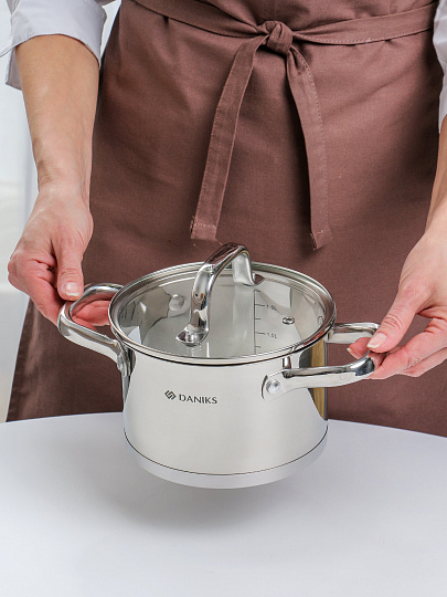 Кастрюля нерж, 2.1 л, с крыш, крыш стекло, Daniks, Рейн, индукц