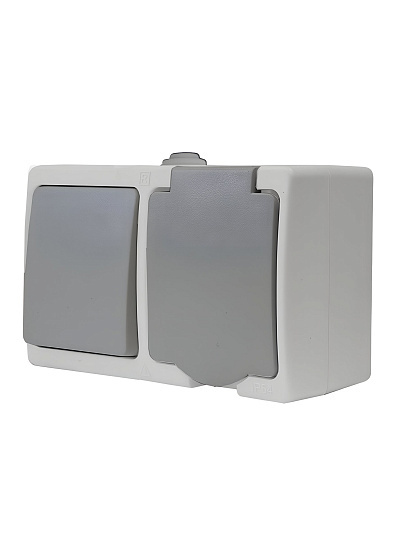 Блок комбинированный открытой установки, 1 гнездо, одноклавишный, с заземлением, 10 А, с защитными шторками, подсветка, IP54, серый, 16А, UNIVersal, Аллегро, 1273