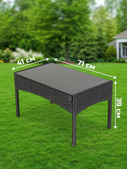 Мебель садовая Миранда, черная, стол, 71х41х39 см, 2 кресла, 1 диван, 150 кг, 57.5х58х84 см, серые подушки, 101х58х85 см