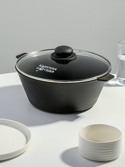 Кастрюля чугун, 4 л, крышка стекло, Камская посуда, ка42, индукция