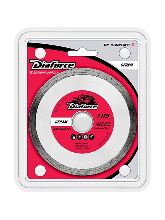 Диск отрезной алмазный по керамике, Diaforce, Ceram, сплошной край, 115х22.23х2 мм, влажный рез, 503115