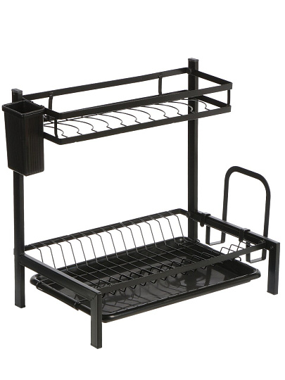 Сушилка для посуды металл, 2 яруса, с поддоном, 42х25х40 см, черная, B080047