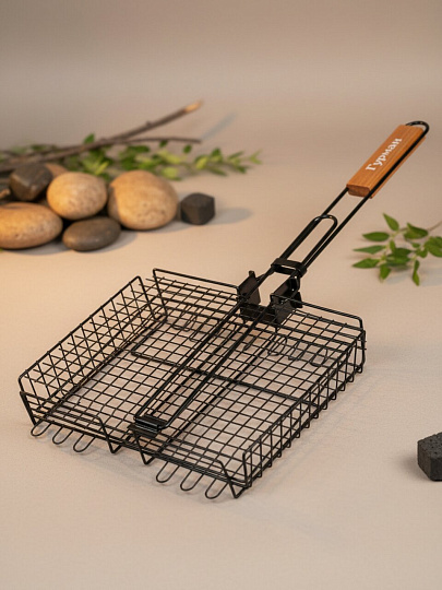 Решетка барбекю 310х240х55 мм, Гурман, черная, антипригарное покрытие, рукоятка дерево, складная, 11100107-1(31-24)
