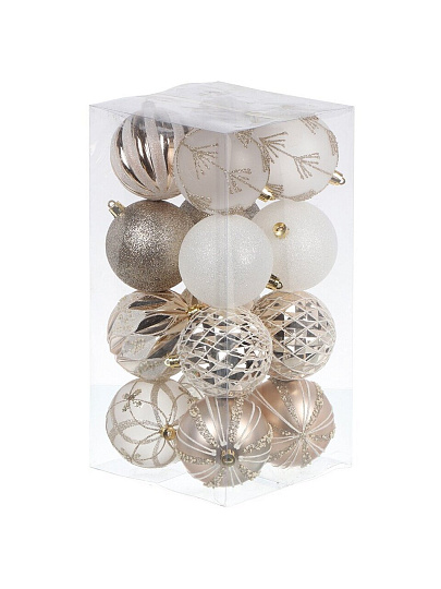 Елочный шар 16 шт, белый, шампань, 8 см, пластик, SYQG- 0124009