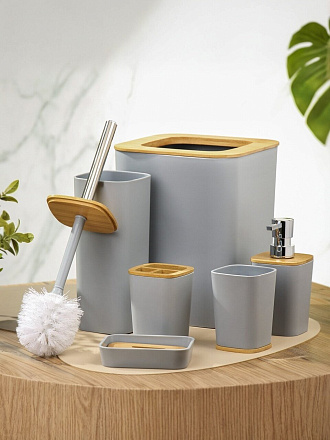 Набор для ванной 6 предметов, серый/дерево, пластик, стакан, подставка для зубных щеток, дозатор для мыла, A350054