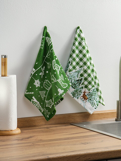 Набор полотенец кухонных 2 шт, 100% хлопок, Василиса, Новогодний лес, Китай