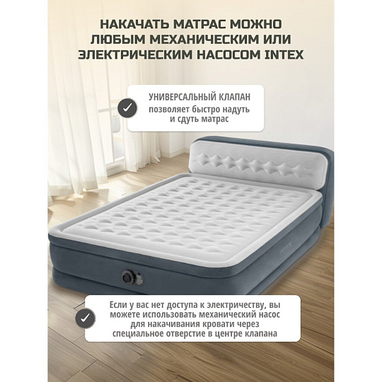 Кровать надувная Intex, 236х152х86 см, Queen ultra plush, 64448ND, насос встроенный, электрический, флокированная, 273 кг