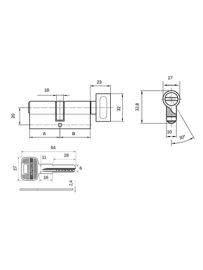 Личинка замка двери Apecs, SM-60-C-G, 3307, 60 мм, с заверткой, 30/30