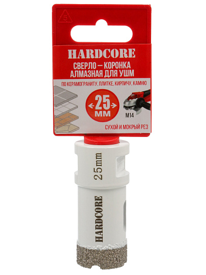 Коронка алмазная, по керамограниту, Hardcore, М14, диаметр 25 мм, для УШМ, 155025