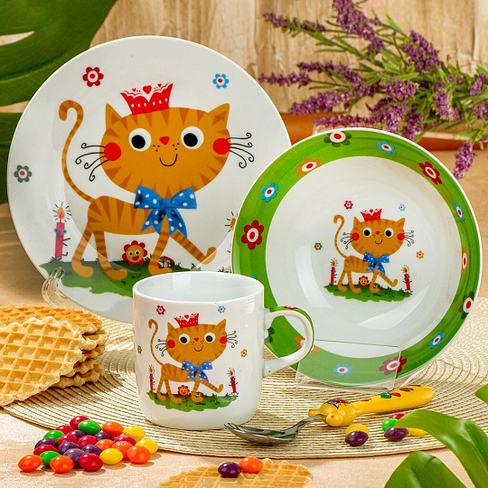 Набор посуды керамика, 3 шт, Ласковый котенок, тарелка 17.5см, салатник 15см/350мл, кружка 230мл, Daniks, C510