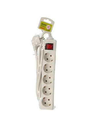 Удлинитель бытовой 5 гнезд, 1.5 м, ПВС, 3х1 мм², с заземлением, 10 А, выключатель, пластик, белый, ФАZА, FTS-05-150, 5053342