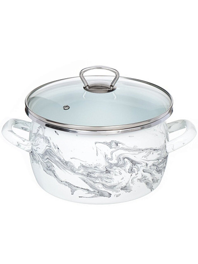 Кастрюля эмалированная сталь, 4 л, крышка стекло, сферический, Сантэкс, Шейк бело-черная, 1-2440111, индукция