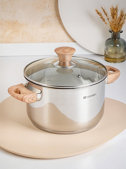 Кастрюля нержавеющая сталь, 3.9 л, крышка стекло, Daniks, Осло, GS-01147-20CA, индукция