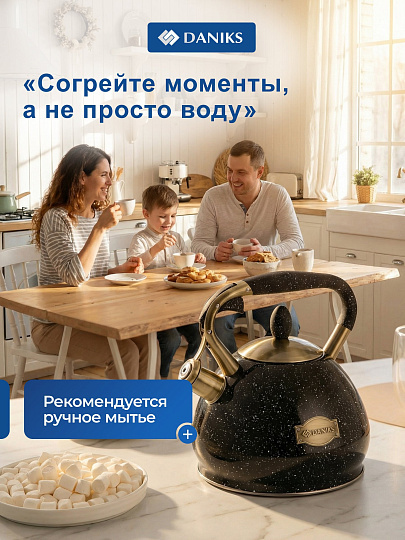 Чайник нержавеющая сталь, 3 л, со свистком, матовый, сталь 304, ручка с покрытием, нейлон, Daniks, индукция, черный, GS-04517G