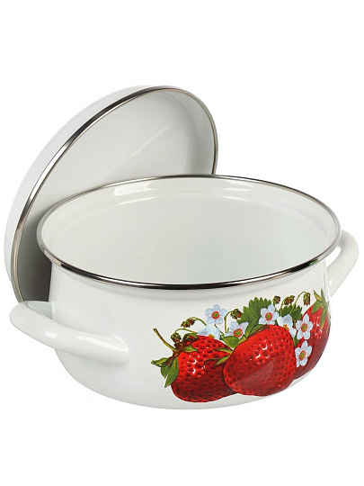 Кастрюля эмалированная сталь, 1.5 л, крышка сталь, сферический, Керченский металлургический завод, Клубника садовая, 61904-082/6, белая