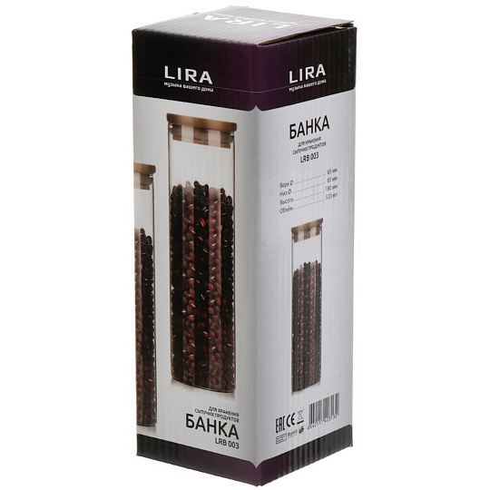 Банка для сыпучих продуктов, стекло, 0.52 л, с крышкой, Lira, LRB 003, прозрачная