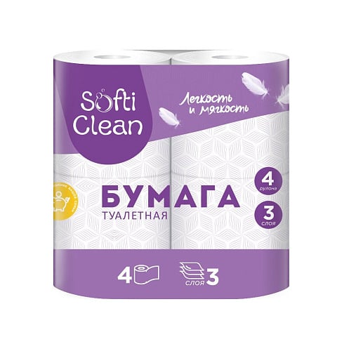 Туалетная бумага Softi Clean, 3 слоя, 4 шт, 15.24 м, с втулкой, белая