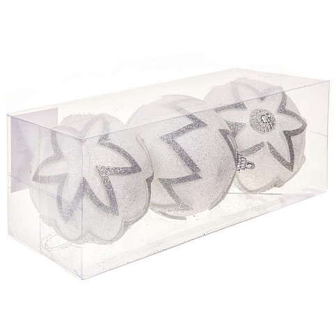 Елочный шар 3 шт, белый, 8 см, пластик, с серебрянным декором, SYKCQA-012042