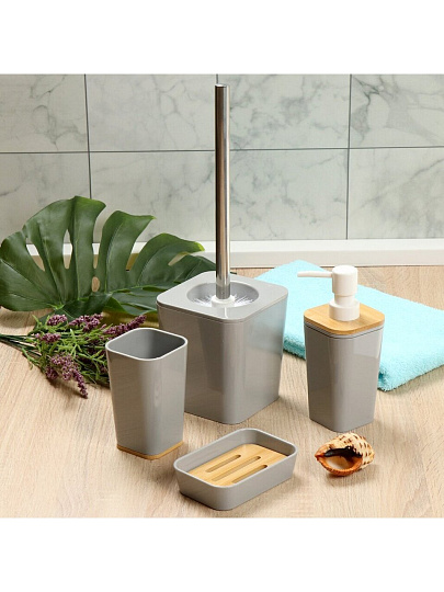 Стакан для зубных щеток, 7.3х7.3х11.2 см, пластик, серый, Бамбук, PS0282GA-TB