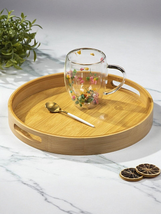 Поднос бамбук, 30 см, круглый, с ручками, Y4-8887