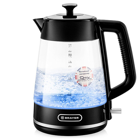 Чайник электрический Brayer, BR1071 Strix, 1.7 л, 2200 Вт, скрытый нагревательный элемент, стекло