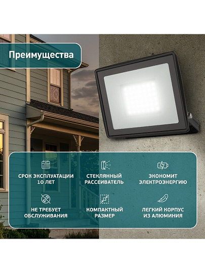 Прожектор светодиодный, Эра, LPR-023-0-65K-050, 50 Вт, 6500 К, IP65, 4000 Лм, уличный, Б0052024
