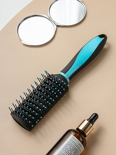 Расческа массажная, 24х4.5 см, пластик, пластиковая ручка, прямоугольная, черно-голубая, A100026