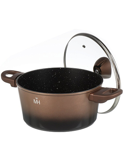 Кастрюля алюминий, антипригарное покрытие, 4.3 л, крышка стекло, MercuryHaus, Flame, 1790-MC, коричневая, индукция