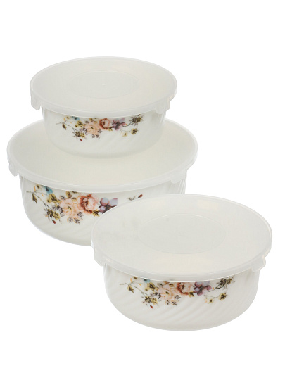 Салатник стеклокерамика, круглый, 3 шт, 9 см, 19, 16, 14 см, 0.5,0.8,1.4 л, с крышкой, Эмилия, Daniks