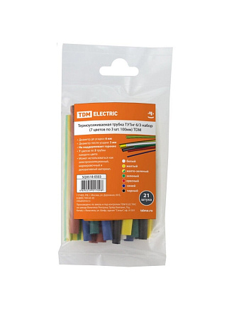 Термоусадочная трубка 6/3 мм, 21 шт, набор, 7 цветов по 3 шт, 100 мм, TDM Electric, SQ0518-0503