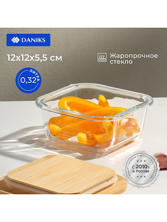 Контейнер пищевой жаропрочное стекло, 320 мл, 12х12х5.5 см, прямоугольный, с бамбуковой крышкой, Y4-6573
