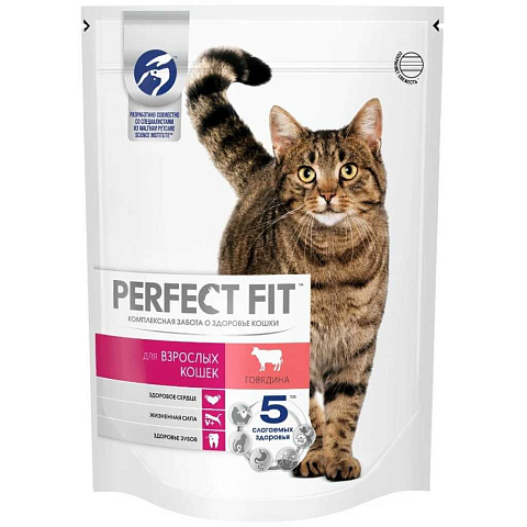 Корм для животных Perfect Fit, 650 г, для взрослых кошек, сухой, говядина, 64354