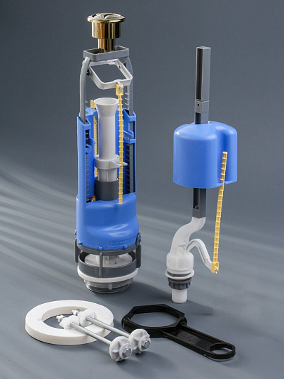 Арматура для бачка унитаза нижняя, 1/2&quot;, двухрежимная, кнопочная, гальваника золото, Инкоэр, СБ2м-НпрНРФ-ЗЗ-ККрпс DI Р