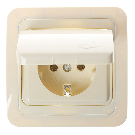 Розетка скрытой установки, 1 гнездо, с заземлением, 16 А, керамика, кремовая, с крышкой, Powerman, Classic