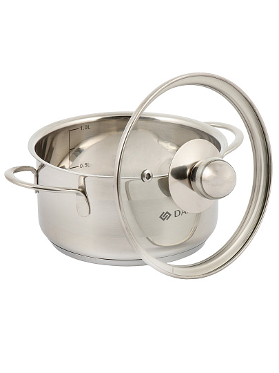 Кастрюля нержавеющая сталь, 1 л, крышка стекло, Daniks, GS-01311-14CA/SD-514, индукция
